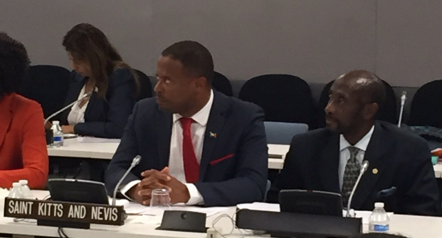 (L-R) Foreign Affairs Minister Hon. Mark Brantley and St. Kitts and Nevis Ambassador to the United Nations His Excellency Sam Condor at the 70th session of the United Nations General Assembly in New York